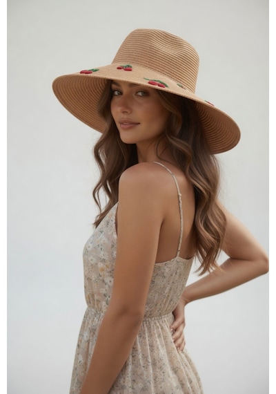 Mollycrush Hediye Yazlık Kiraz Nakışlı Camel Geniş Fötr Şapka Plaj Kullanımına Uygun Model Kahverengi