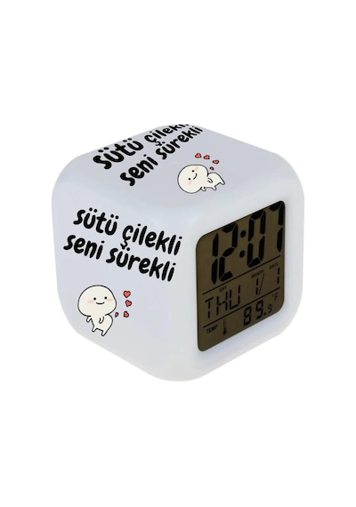 Sütü Çilekli Seni Sürekli Tasarımlı 7 Renk Değiştiren Alarmlı Dijital Küp Saat 07 Beyaz