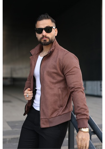 Baselco Dik Yaka Slim Fit Mevsimlik Astarlı Süet Ceket Kahverengi