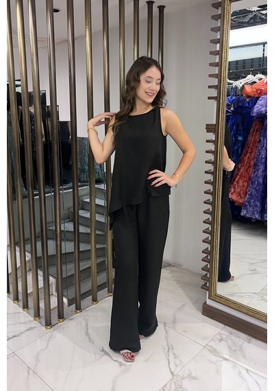 By Saygı Kadın Toka Detaylı Eteği Asimetrik Bluz Beli Lastikli Cepli Palazzo Pantolon Keten 2'li Takım Siyah By Saygı Kadın Toka Detaylı Eteği Asimetrik Bluz Beli Lastikli Cepli Palazzo Pantolon Keten 2'li Takım Siyah