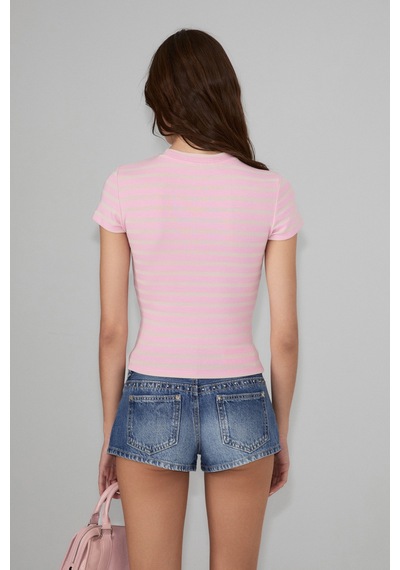 Grımelange Hopewell Kadın Yuvarlak Yaka Örme Slim Fit Pembe-a.pembe Çizgili T-shirt Grımelange Hopewell Kadın Yuvarlak Yaka Örme Slim Fit Pembe-a.pembe Çizgili T-shirt