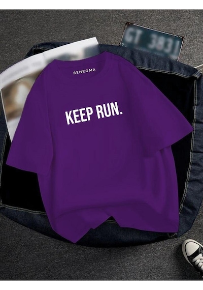 Oversıze Keep Run Baskılı Unısex Tisort Baskılı Mor