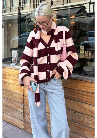 Madmext Bordo Çizigli Atkılı Kadın Triko Hırka Mg2588 Bordo