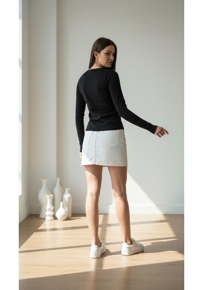 Divinus Kadın Slim Fit Pamuklu Uzun Kollu Bodysuit Siyah