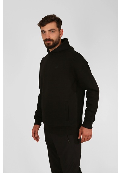 Nature The Brand Kapüşonlu Sweatshirt Fleto Cep Detaylı Reflektör Baskılı Şardonlu Siyah