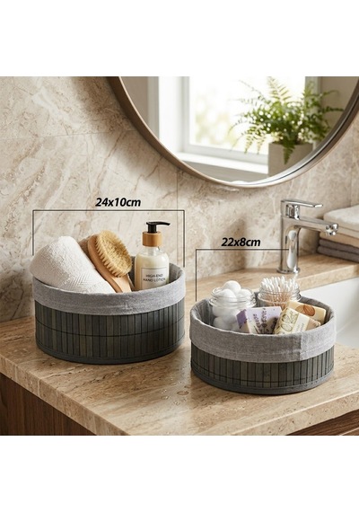İbico İ22-333 Bambu Kenarlı Yuvarlak Organizer Sepet 2'li Set - Gri Bezli Ahşap Altlıklı