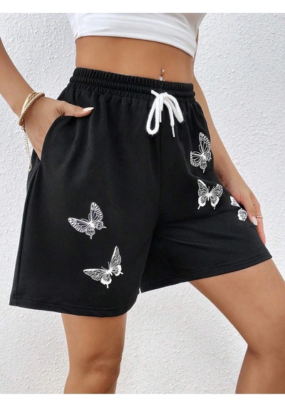 Butterfly Print Drawstring Waist Şort Siyah
