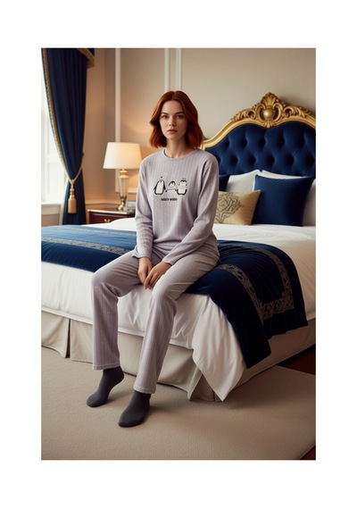 Ersefa Kadın Sevimli Penguen Desenli Polar Pijama Fonksiyonel Dayanıklı gri
