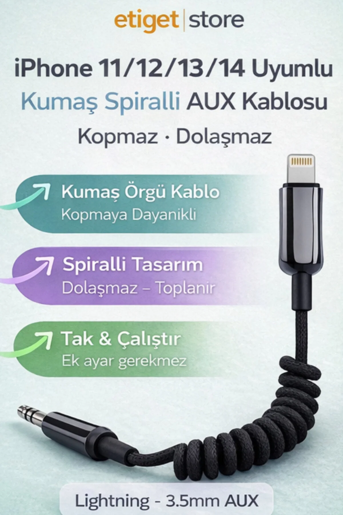 İphone 11/12/13/14 Uyumlu Kumaş Spiralli Aux Kablosu Kopmaz Dolaşmaz 1 Metre