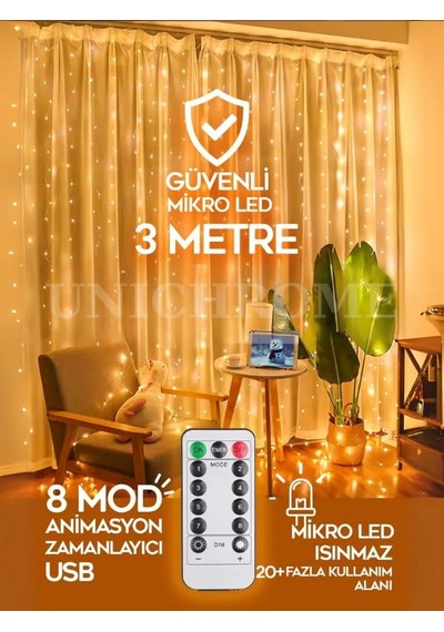Yılbaşı Ağacı Ve Oda Dekorasyon Kumandalı 8 Ayrı Moda Sahip 3x3m 300x300cm Perde Led 10 Saçaklı Sarkıtlı 300 Diğer