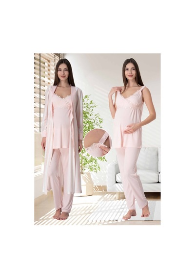Effortt Dvina Lohusa Hamile Çizgili Sabahlıklı Askılı Pijama Takımı - Pembe Pembe