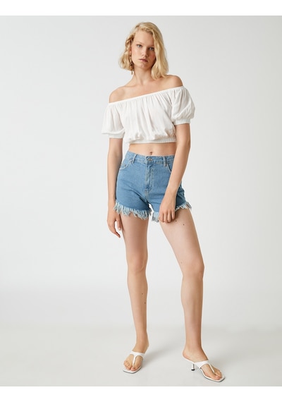 Koton Crop Bluz Omzu Açık Kırık Beyaz 2sak60366pw 2SAK60366PW001