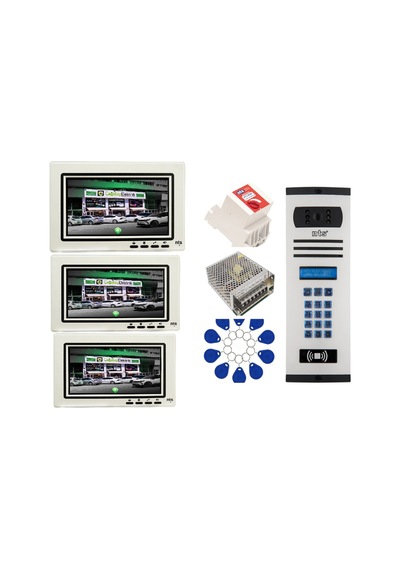 3 Daire Nts 2015-b 7'' Görüntülü Diafon Beyaz-8004 Tuş Takımlı Şifreli+geçişli Zil Panelli Set