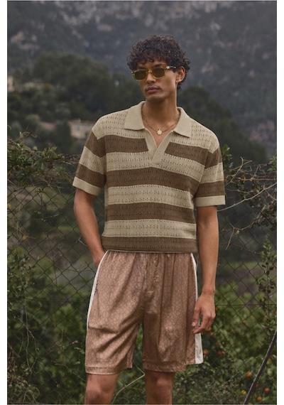 Tarz Cool Erkek Oversize Kalın Örgü Polo Yaka Triko Fileli Tişört Çizgili Vintage Yazlık Rahat Fit Bej