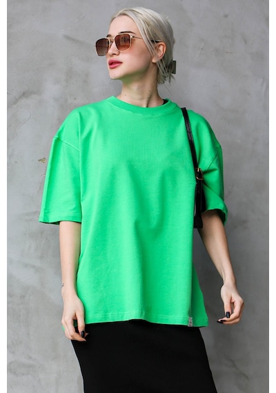 Madmext Yeşil Bisiklet Yaka Basic Oversize T-shirt Mg1687-yeşil Yeşil