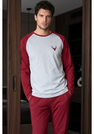 Siyah İnci Nakışlı Pamuklu Likralı Örme Pijama Takım 26241802 bordo