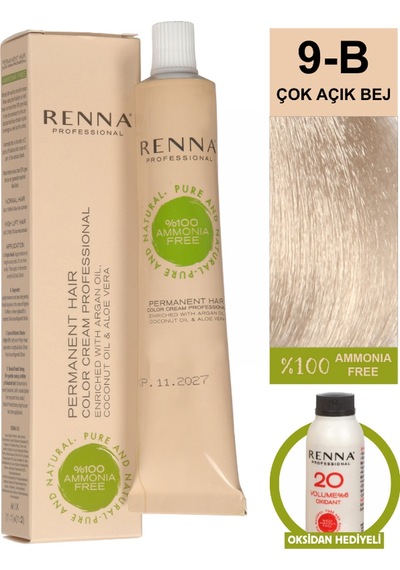 Renna Bitkisel Amonyaksız Saç Boyası 60 Ml 9-b Çok Açık Bej Oksidan Hediyeli