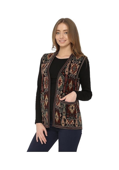Uludağ Triko Kadın Kilim Desen Yelek / Gümüş