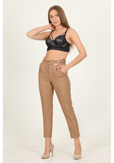 Neşeli Butik Kadın Camel Metal Kemerli Cepli Ofis Pantolon Qns028