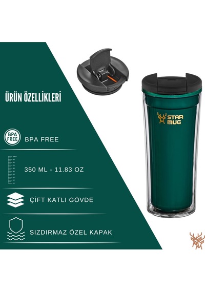 Star Termos Star Mug 350 Ml Opak Seri - Yeşil Çift Katmanlı Mug - Piknik Kamp Outdoor Ofis Kafe Okul Kampüs Yeşil