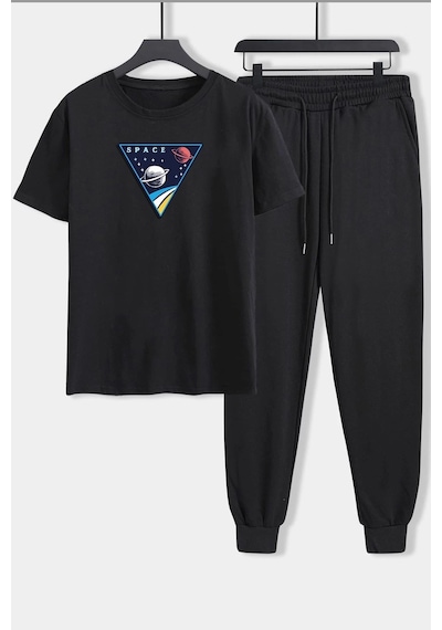 Uyguntarz Unisex Space Baskılı 2'li Eşofman Takımı Siyah