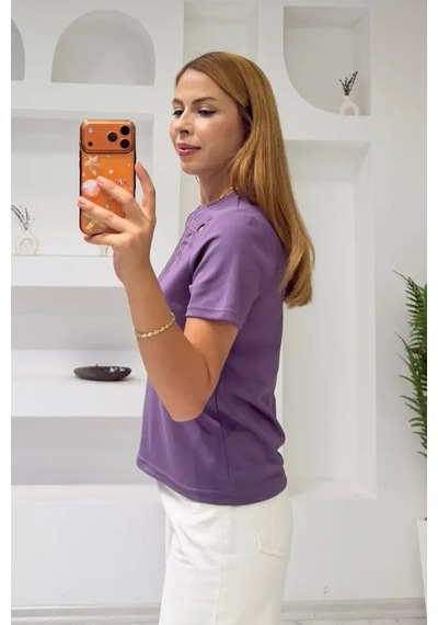 Fiolin Soft Touch Modal Kumaş Nakışlı Lazer Kesim T-shirt Mor