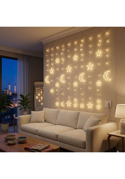 3 Metre Perde Led Işık Zinciri - Yıldız Ve Ay Figürlü Sarı I