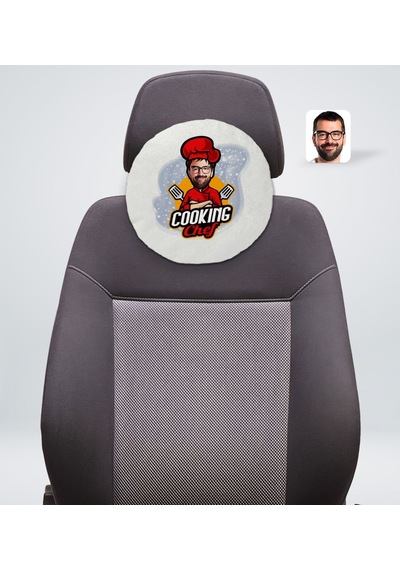 Bk Gift Kişiye Özel Erkek Chef Karikatürlü Yuvarlak Araç Koltuk Yastığı-11 Beyaz