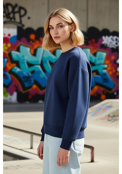 Benerly Kadın Bisiklet Yaka Düşük Kol Oversize Kalın Örme Sweatshirt Fonk Indigo