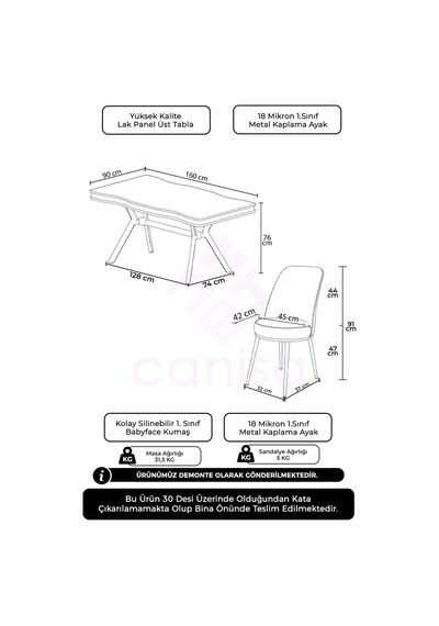 Canisa Prah Serisi 90x160 Lak Panel Sonata Krom Ayak Masa Takımı Ve 6 Siyah Sandalye Siyah Mermer Masa Siyah Sandalye Krom Detay
