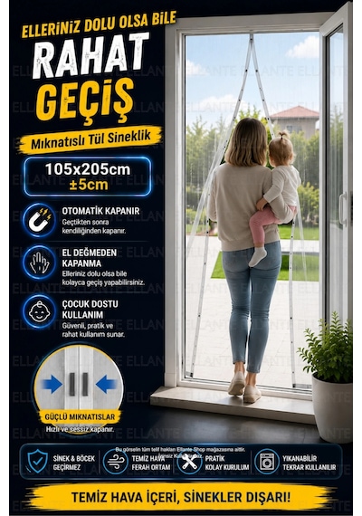 Mıknatıslı Tül Sineklik 105x205 Cm 5 Cm Kapı Sinekliği Otomatik Kapanan Manyetik Sistem Sinek V