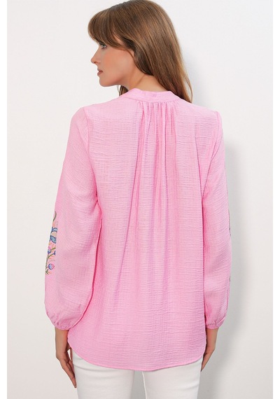 Hiccup Bdart Nakışlı Oversize Krep Bluz Parlak Pembe