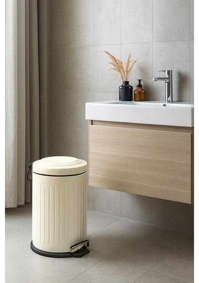 Vintage 12 Lt Yavaş Kapanır Kapaklı Ofis Mutfak Banyo Balkon Çöp Kovası Krem Krem