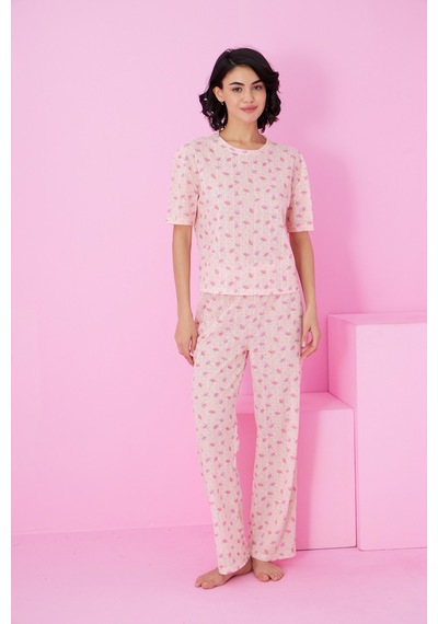 Siyah İnci Pointel Ajurlu/delikli Bisiklet Yaka Örme Pijama Takım Somon Çiçek