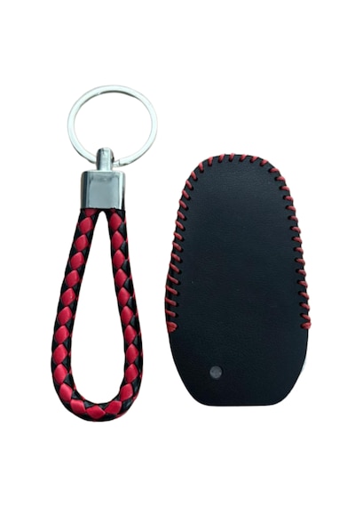 Autohan Keys Deri Anahtar Koruma Kılıfı Peugeot 308, 508, 2008, 3008, 4008, 5008, Rifter, Grandland X İçin, Siyah Kırmızı Örgülü Desen, Anahtarlık Dahil