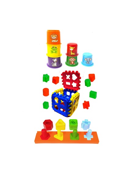 3 Lü Eğitici Oyuncak Seti Puzzle Küp Bultak, Vida, Somun Blokları Ve Hayvan Figürlü Bardak Kule
