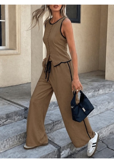Efnaz Style Kadın Kolsuz Önü Düğmeli Yelek Ve Pantolon Ikili Takım Kahve
