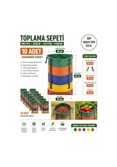 10 Adet Kalın Plastik Toplama Sepeti Meyve Sebze Zeytin Fındık Hasat Sepeti Renkli