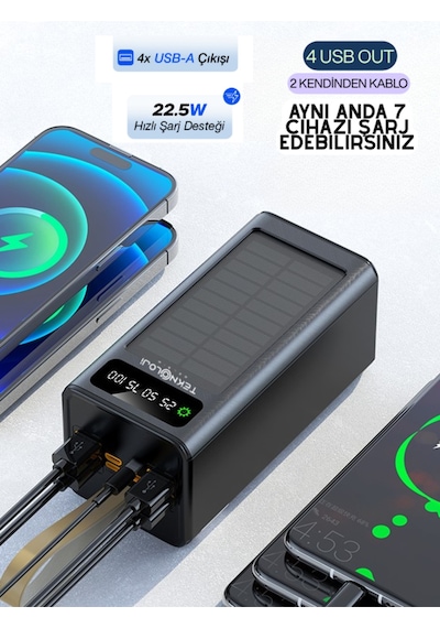 50.000 Mah Powerbank Güneş Enerjili Solar Hızlı Şarj Göstergeli Kablolu Taşınabilir Batarya 22.5w Siyah