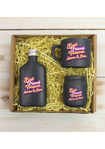 Bk Gift Kişiye Özel İsimli Dtf Best Friend Temalı Antrasit Kahve Fincanı & Kolonya & Mum Hediye Seti-3, Arkadaşa Hediye, Doğum Günü Hediyesi Kobitmeye