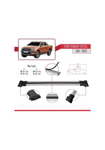 Ford Ranger 2011-2022 Arası İle Uyumlu Fly Model Ara Atkı Tavan Barı Gri 3 Adet Bar