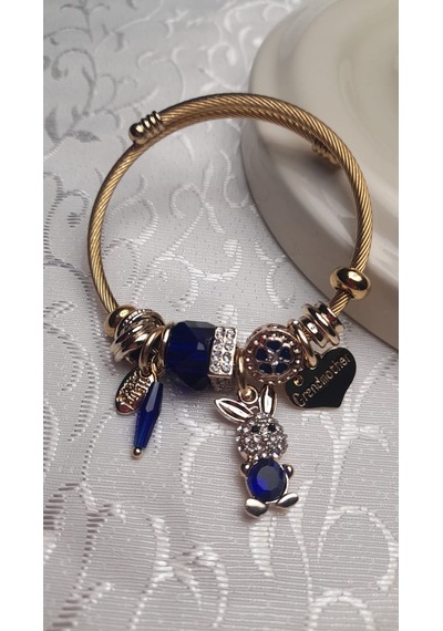 Uzel Çelik Bileklik Sarı Gold Model Kalpli Tavşan Charmlı Mavi