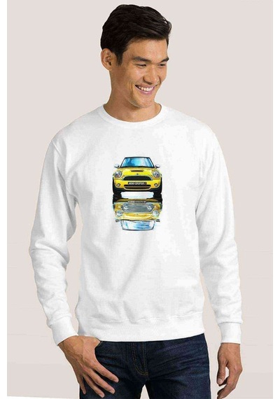 Mini Cooper S Baskılı Beyaz Erkek Örme Sweatshirt