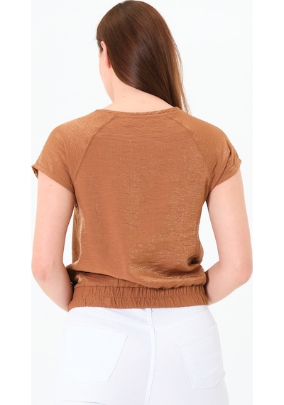 Sortie Collection Reglan Kollu Yazı Baskılı Beli Lastikli Bluz Kahverengi