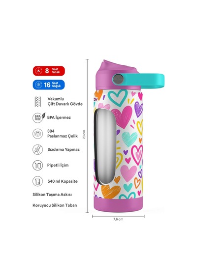 Puccon 540 Ml Renkli Kalpler Desenli Beyaz - Mor Kız Çocuk Pipetli Çelik Termos Matara/suluk - 60063