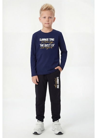 Panios Kids 3'lü Yuvarlak Yaka Sweatshirt Siyah Eşofmanlı Baskı Detaylı 6 Parça Erkek Çocuk Alt Üst Takım Kırmızı - Lacivert