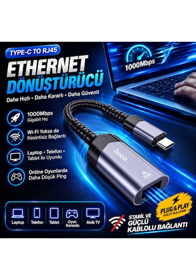 Type-c Ethernet Rj45 Dönüştürücü Çevirici Adaptör 1000 Mps İnternet Bağlantısı Destekli Çevirici