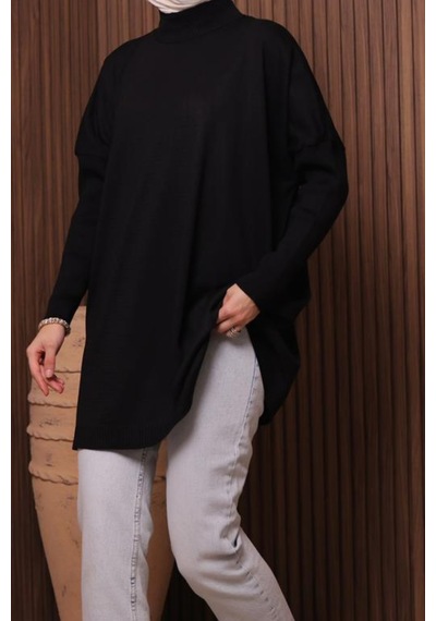 Balenbi Kadın Dik Yaka Basic 80cm Salaş Oversize Triko Tunik 1145 Siyah