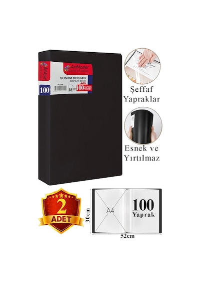 Siyah Sunum Dosyası 100 Lü 2 Adet Poşet Dosyalı Katalog Dosyası 100 Poşetli Kendinden Dosya Plastik Kapaklı