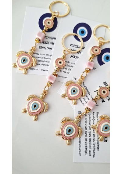 Hediyelik Nazar Boncuklu Şeker Pembe Şans Kaplumbağa Anahtarlık 10,5 Cm